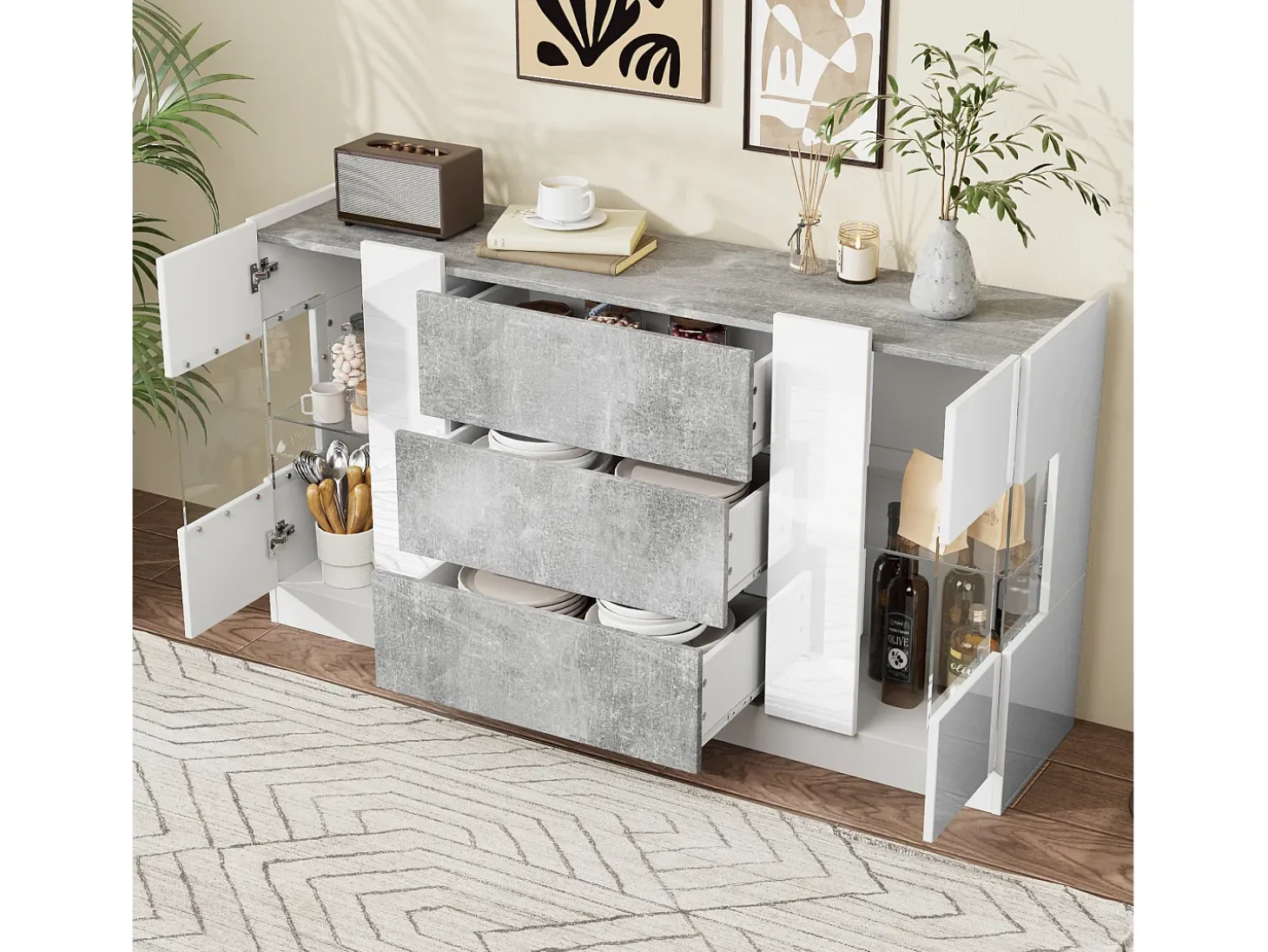 Aparador con 2 puertas y 3 cajones, diseño moderno, MDF y cristal, efecto mármol blanco y gris (140x35x75 cm)
