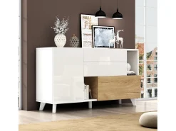 Aparador con 2 puertas y 2 cajones - 120 x 40 x 75 cm - Tablero de partículas - Blanco brillo + Roble claro