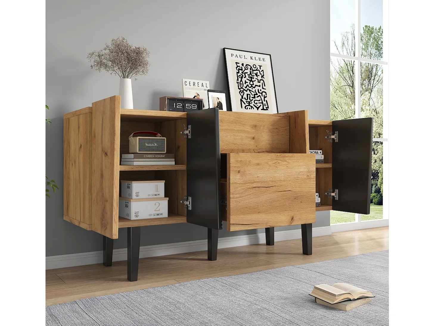 Aparador con 4 puertas y 2 cajones, mueble de TV - 140 x 40 x 70 cm - Tablero de partículas y patas de madera maciza - Roble