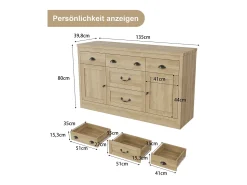 Aparador con 2 puertas y 5 cajones, mueble de almacenaje con bisagras metálicas, cómoda con tiradores curvos, 135 x 39,8 x 80 cm