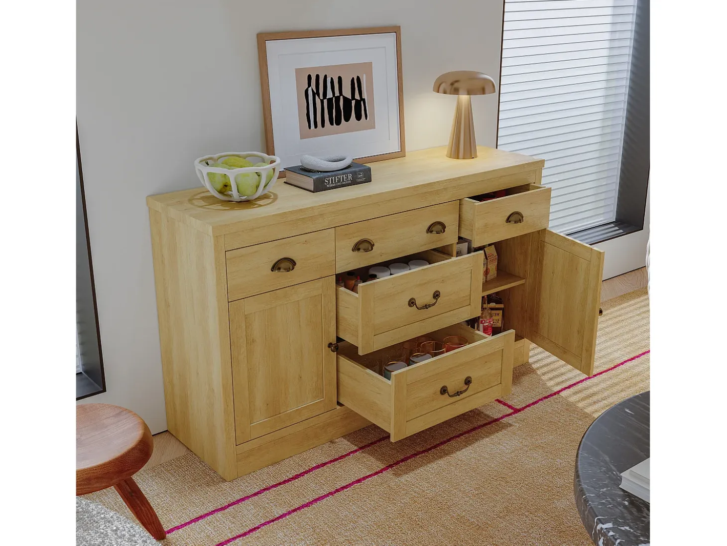 Aparador con 2 puertas y 5 cajones, mueble de almacenaje con bisagras metálicas, cómoda con tiradores curvos, 135 x 39,8 x 80 cm