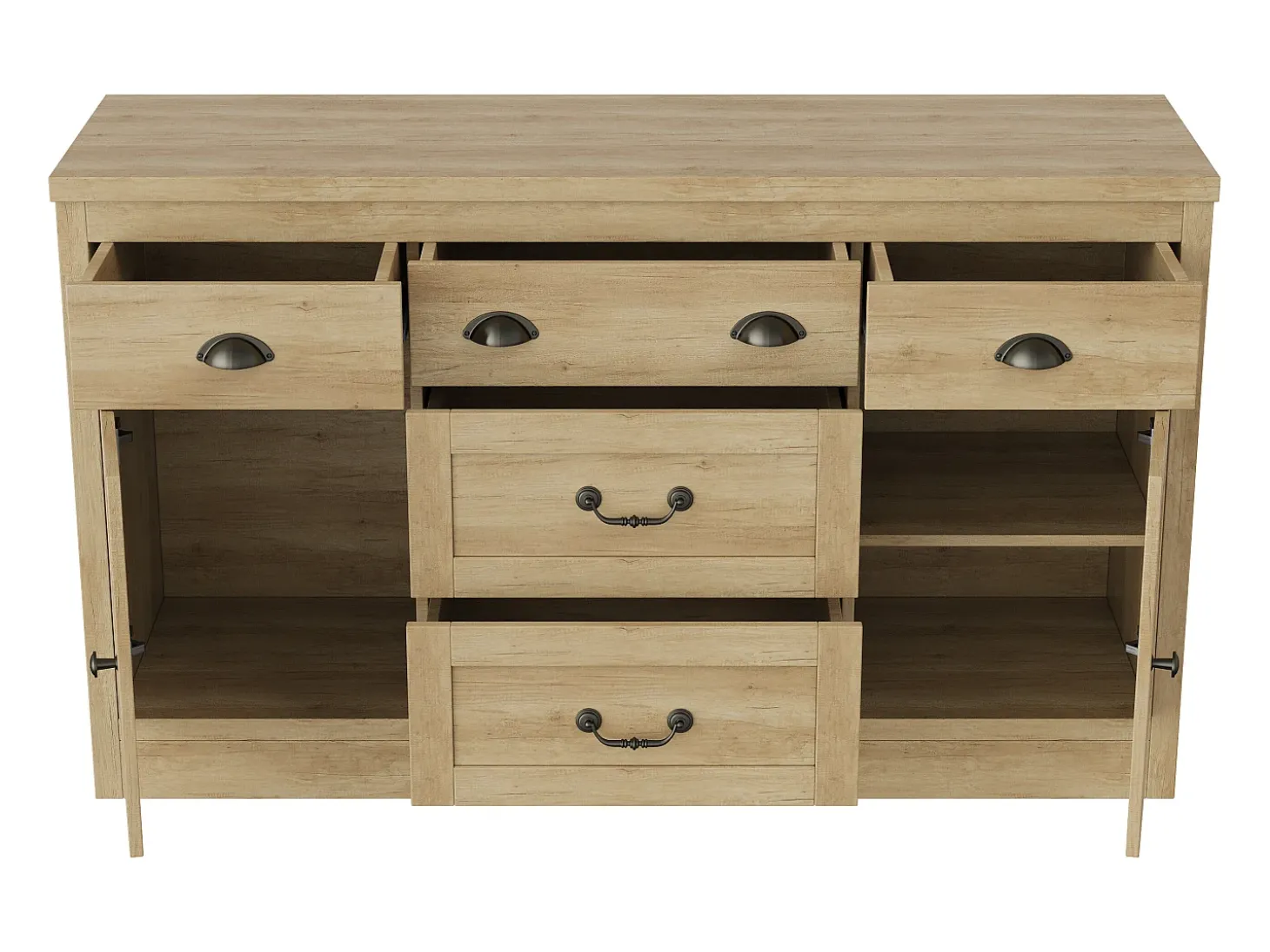 Aparador con 2 puertas y 5 cajones, mueble de almacenaje con bisagras metálicas, cómoda con tiradores curvos, 135 x 39,8 x 80 cm