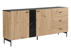 Aparador con 2 puertas y 3 cajón de MDF - Natural y efecto mármol negro - LIOMENA