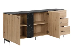 Aparador con 2 puertas y 3 cajón de MDF - Natural y efecto mármol negro - LIOMENA