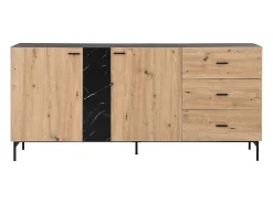 Aparador con 2 puertas y 3 cajón de MDF - Natural y efecto mármol negro - LIOMENA