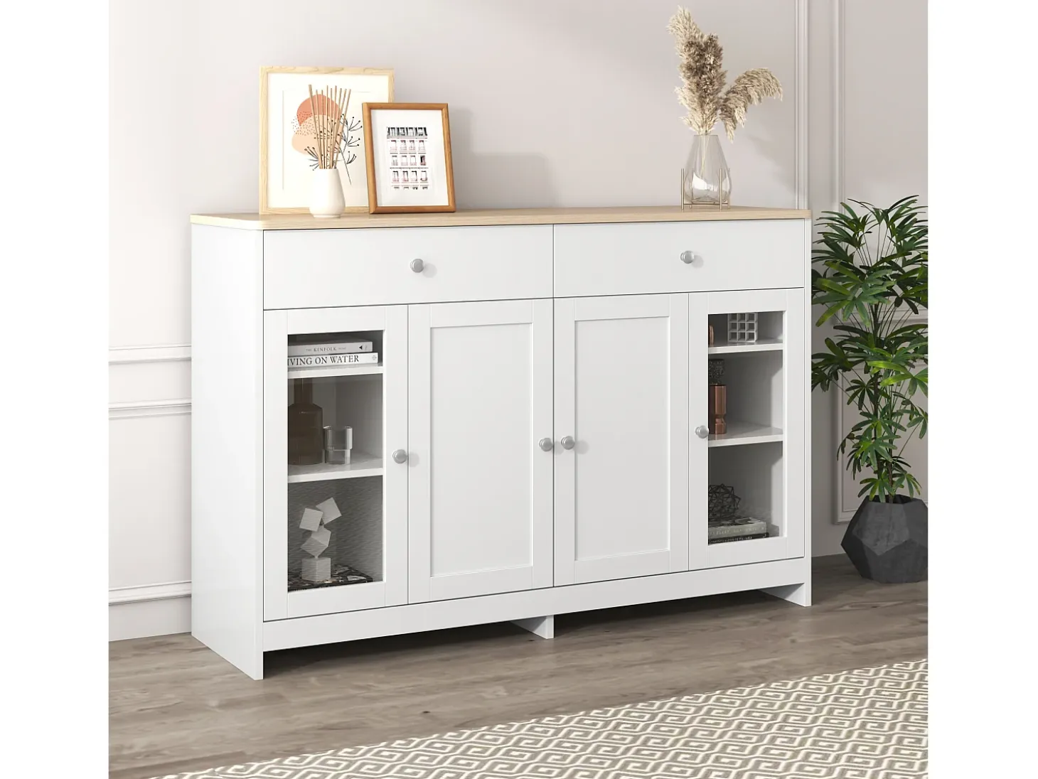 Aparador con 4 puertas y 2 cajones, diseño madera y blanco, MDF (120x37x80 cm)