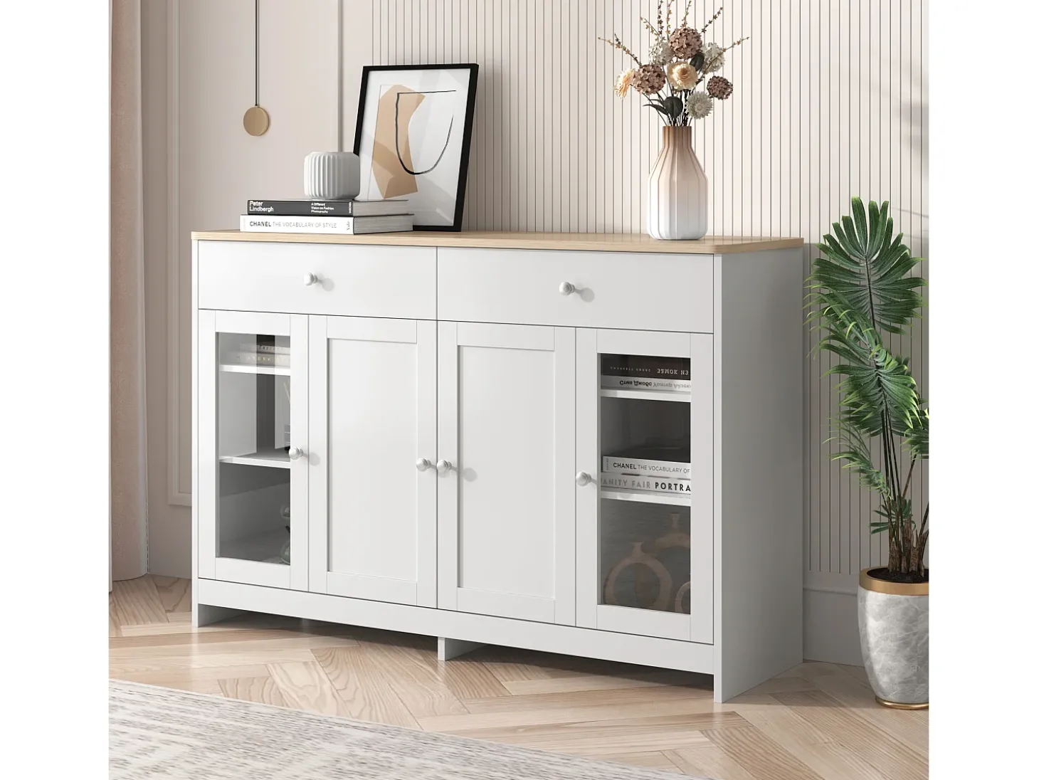Aparador con 4 puertas y 2 cajones, diseño madera y blanco, MDF (120x37x80 cm)