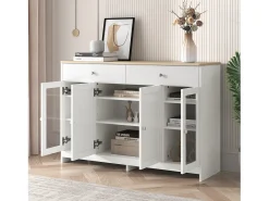 Aparador con 4 puertas y 2 cajones, diseño madera y blanco, MDF (120x37x80 cm)