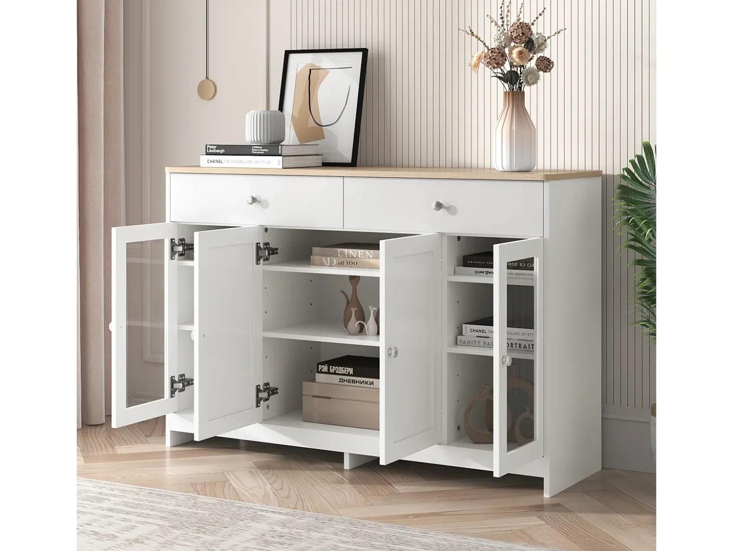 Aparador con 4 puertas y 2 cajones, diseño madera y blanco, MDF (120x37x80 cm)