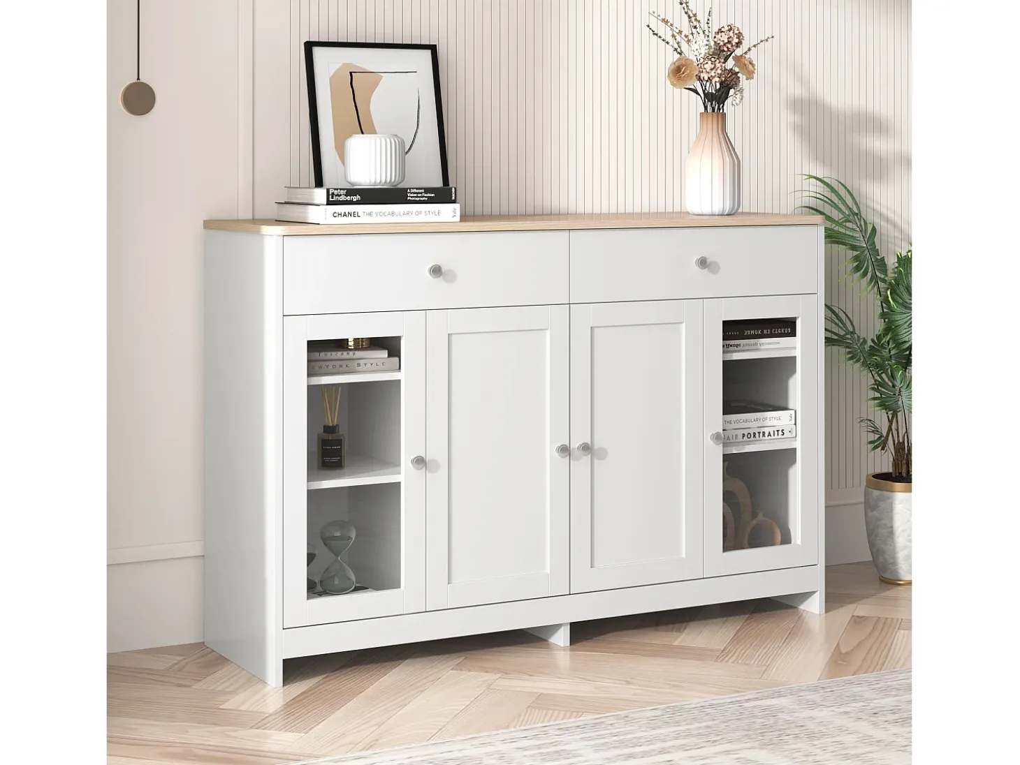 Aparador con 4 puertas y 2 cajones, diseño madera y blanco, MDF (120x37x80 cm)