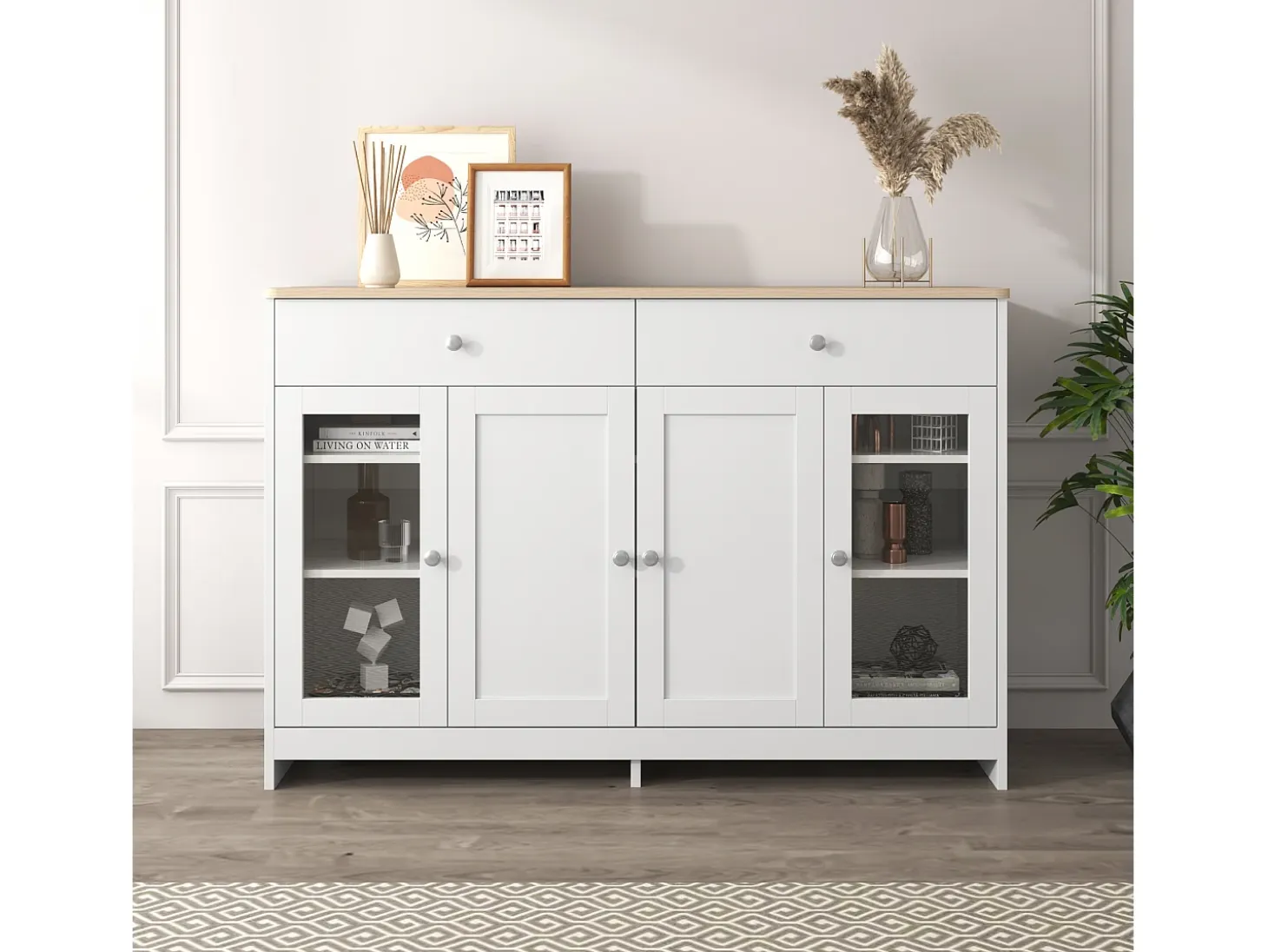 Aparador con 4 puertas y 2 cajones, diseño madera y blanco, MDF (120x37x80 cm)