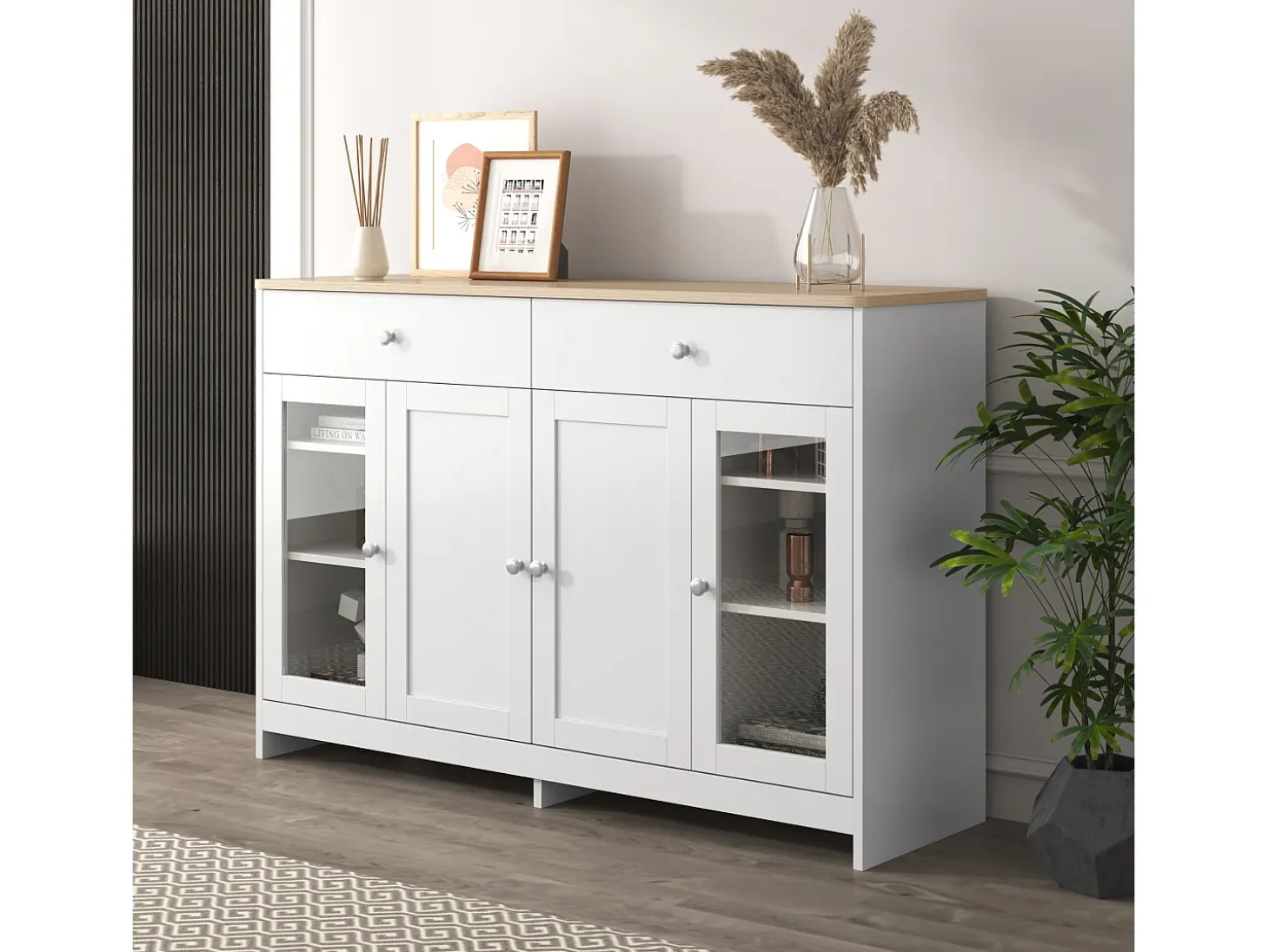 Aparador con 4 puertas y 2 cajones, diseño madera y blanco, MDF (120x37x80 cm)