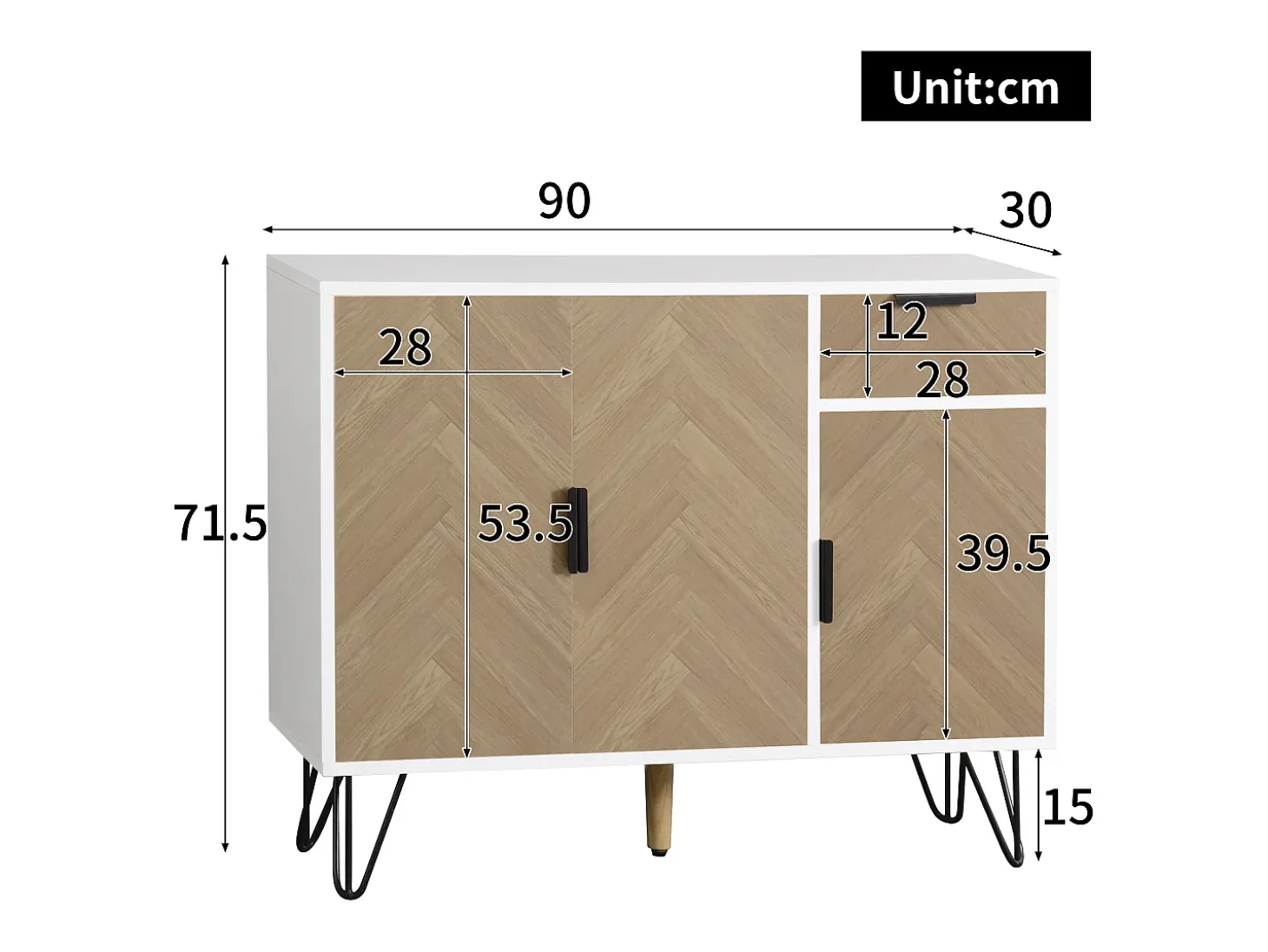 Aparador con 3 puertas y 1 cajón - 90 x 30 x 71,5 cm - estantes regulables - MDF y tableros de partículas - Blanco y madera