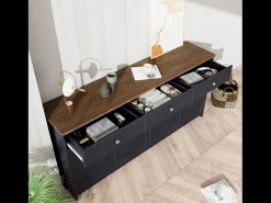 Aparador con 4 puertas y 3 cajones, diseño rústico, MDF, gris antracita y madera (160x37x75cm)