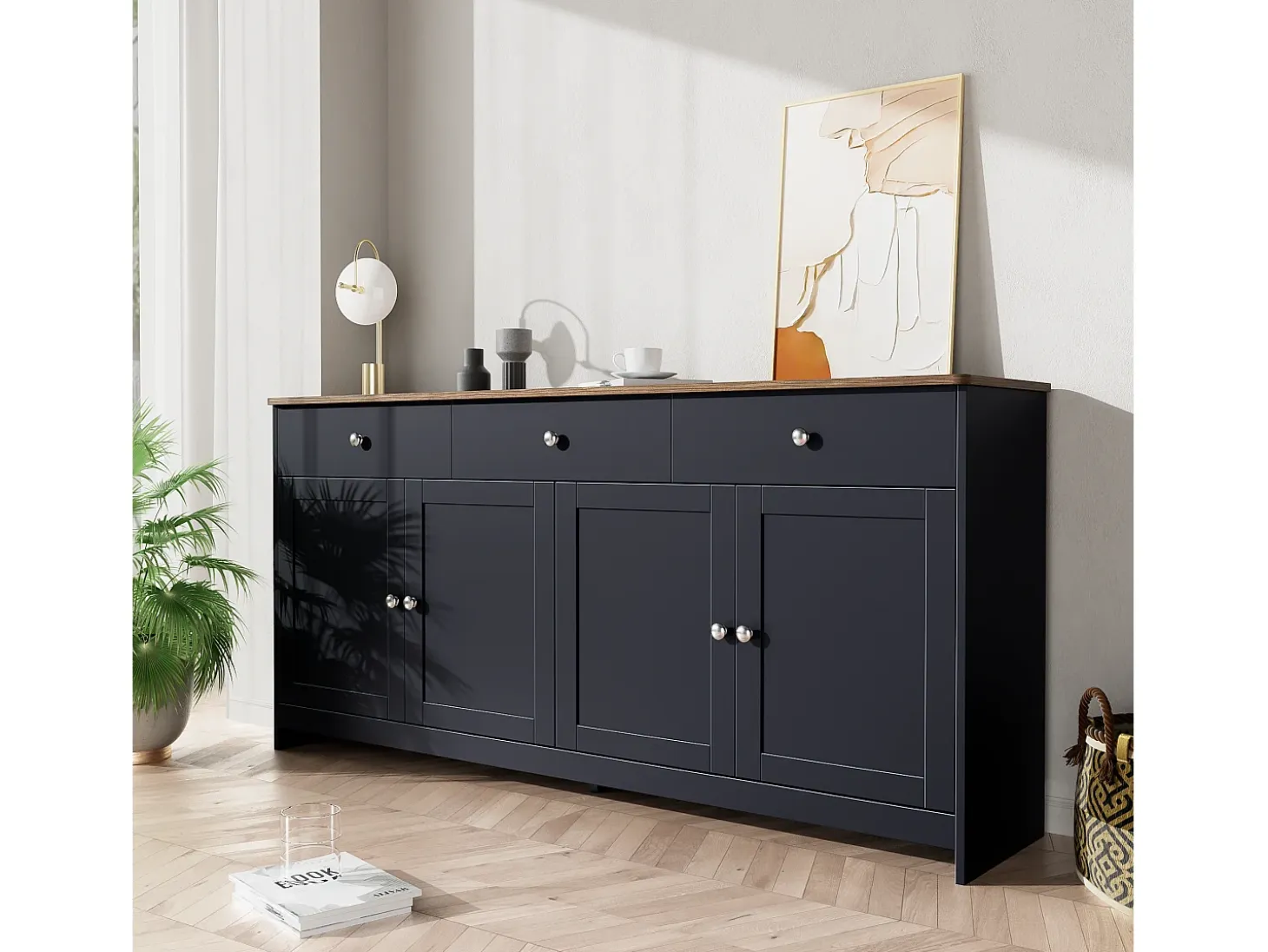 Aparador con 4 puertas y 3 cajones, diseño rústico, MDF, gris antracita y madera (160x37x75cm)