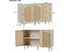 Aparador con 2 puertas y 3 cajones en aglomerado - efecto ratán - color blanco crema