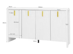 Aparador con 4 puertas y estantes ajustables, 140x38x80 cm, mueble de madera, para recibidor o salón, blanco