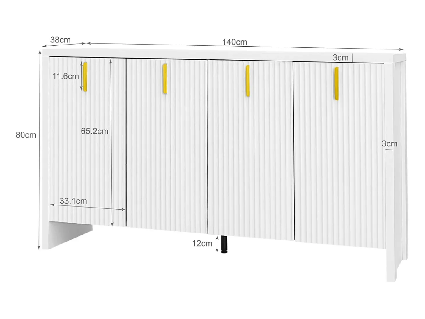 Aparador con 4 puertas y estantes ajustables, 140x38x80 cm, mueble de madera, para recibidor o salón, blanco