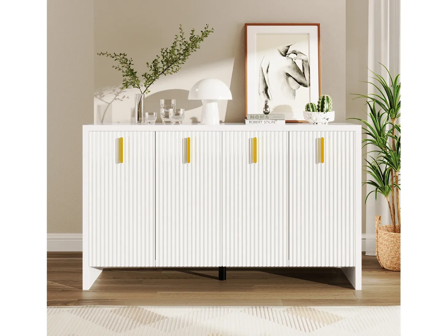 Aparador con 4 puertas y estantes ajustables, 140x38x80 cm, mueble de madera, para recibidor o salón, blanco