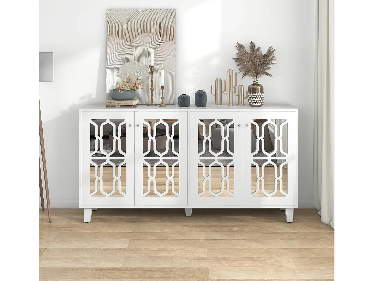 Aparador con 4 puertas y estantes regulables, espejo blanco, MDF (160x40x84 cm)
