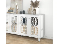 Aparador con 4 puertas y estantes regulables, espejo blanco, MDF (160x40x84 cm)