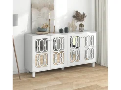 Aparador con 4 puertas y estantes regulables, espejo blanco, MDF (160x40x84 cm)