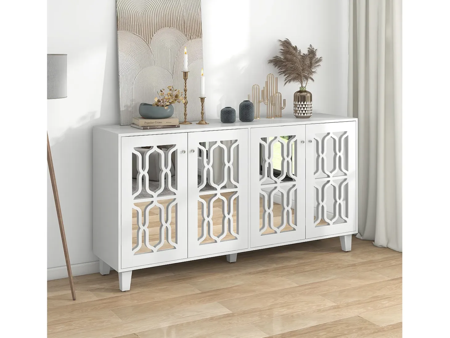 Aparador con 4 puertas y estantes regulables, espejo blanco, MDF (160x40x84 cm)