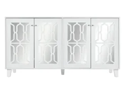 Aparador con 4 puertas y estantes regulables, espejo blanco, MDF (160x40x84 cm)