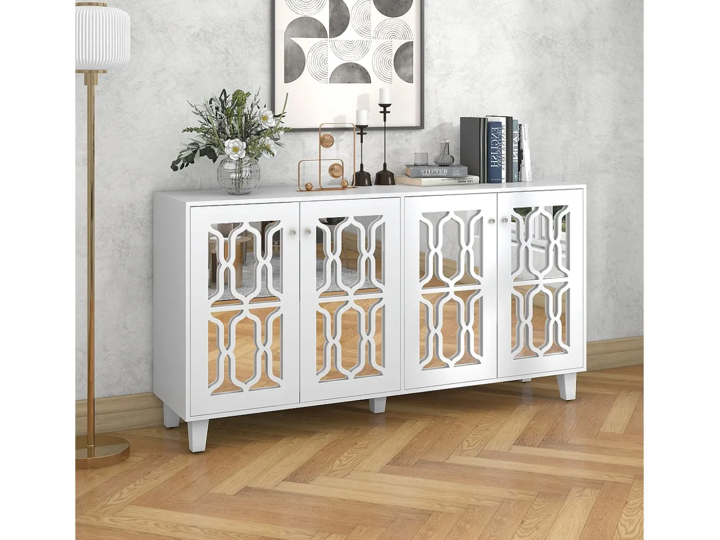 Aparador con 4 puertas y estantes regulables, espejo blanco, MDF (160x40x84 cm)