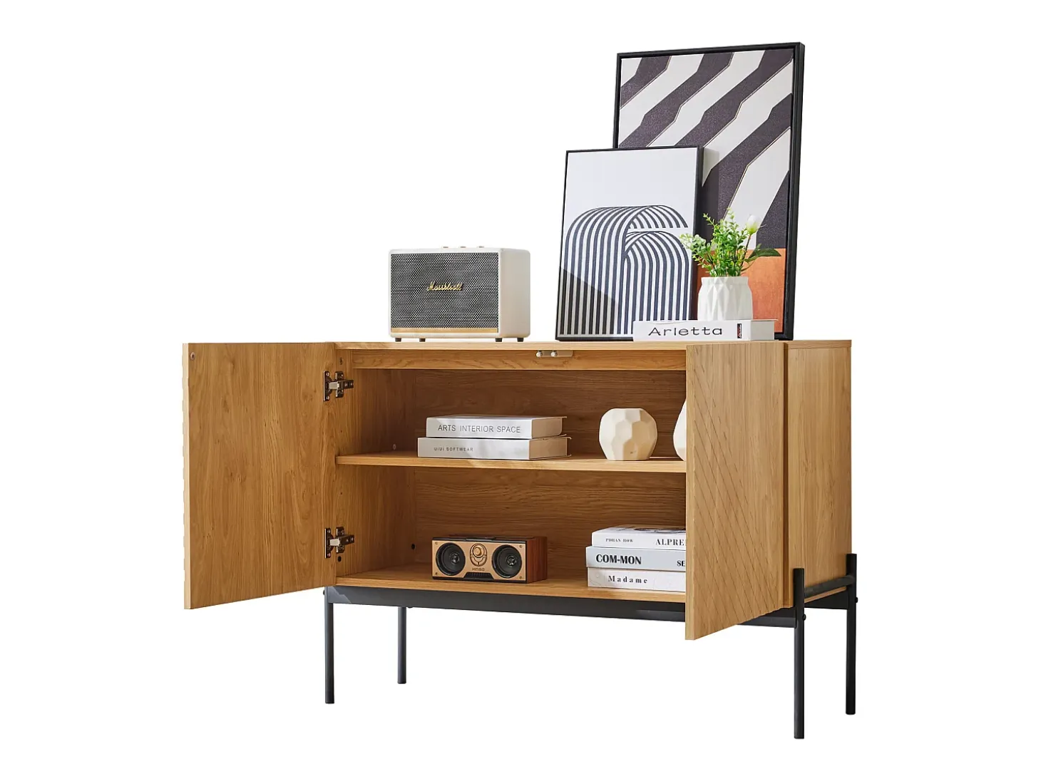 Aparador con 2 puertas y patas de metal, cómoda con diseño lineal, tablero de partículas, natural, Al 75 cm / An 100 cm / Pr 40 cm