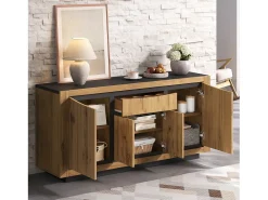 Aparador con 4 puertas y un cajón - Sin tiradores - Color madera y negro - 140 x 38,5 x 52 cm