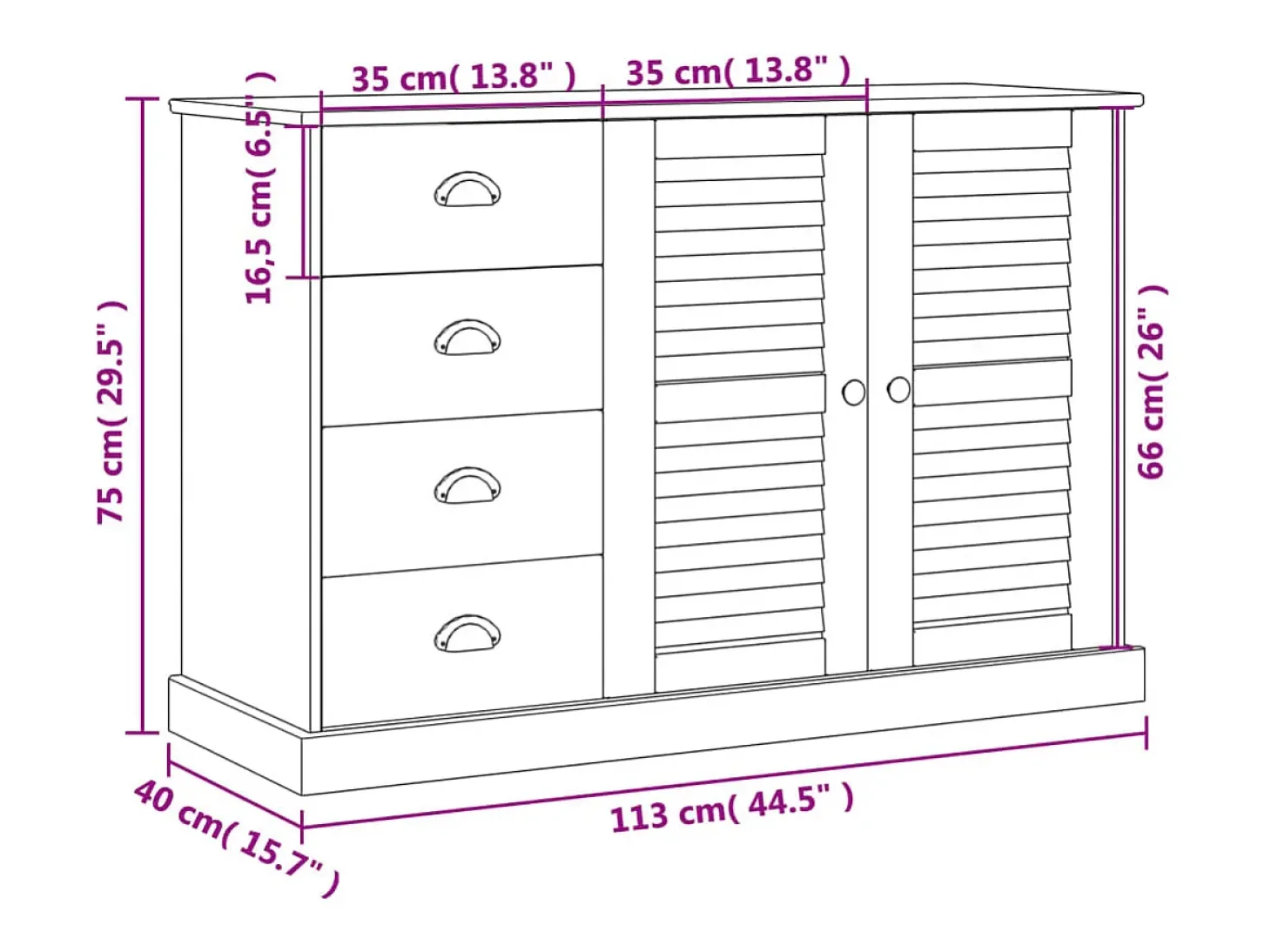 Aparador con cajones VIGO madera maciza pino blanco 113x40x75cm