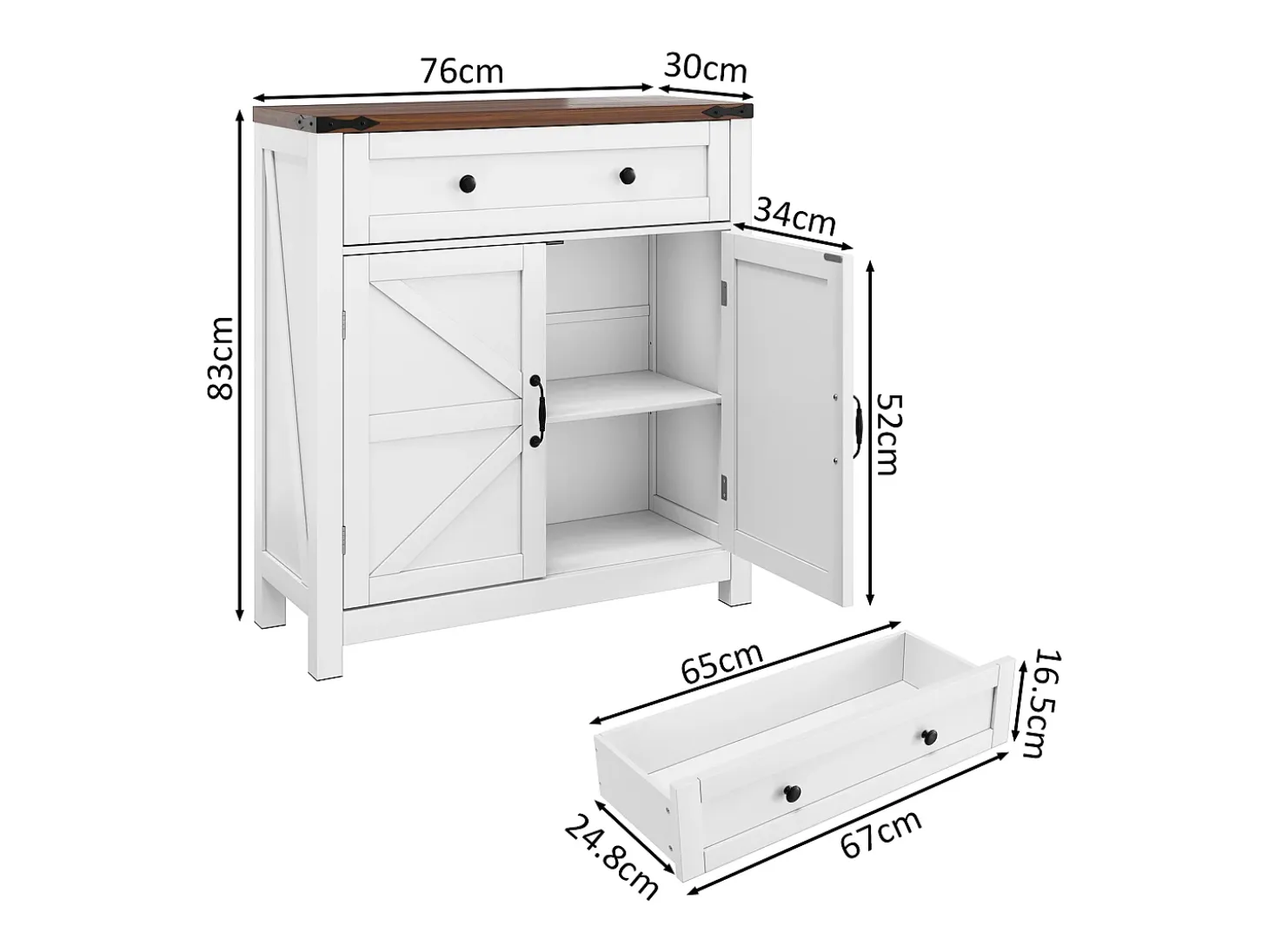 Aparador con cajones y puertas, estante ajustable, ideal para salón. Medidas: 40x80x80 cm, color blanco.