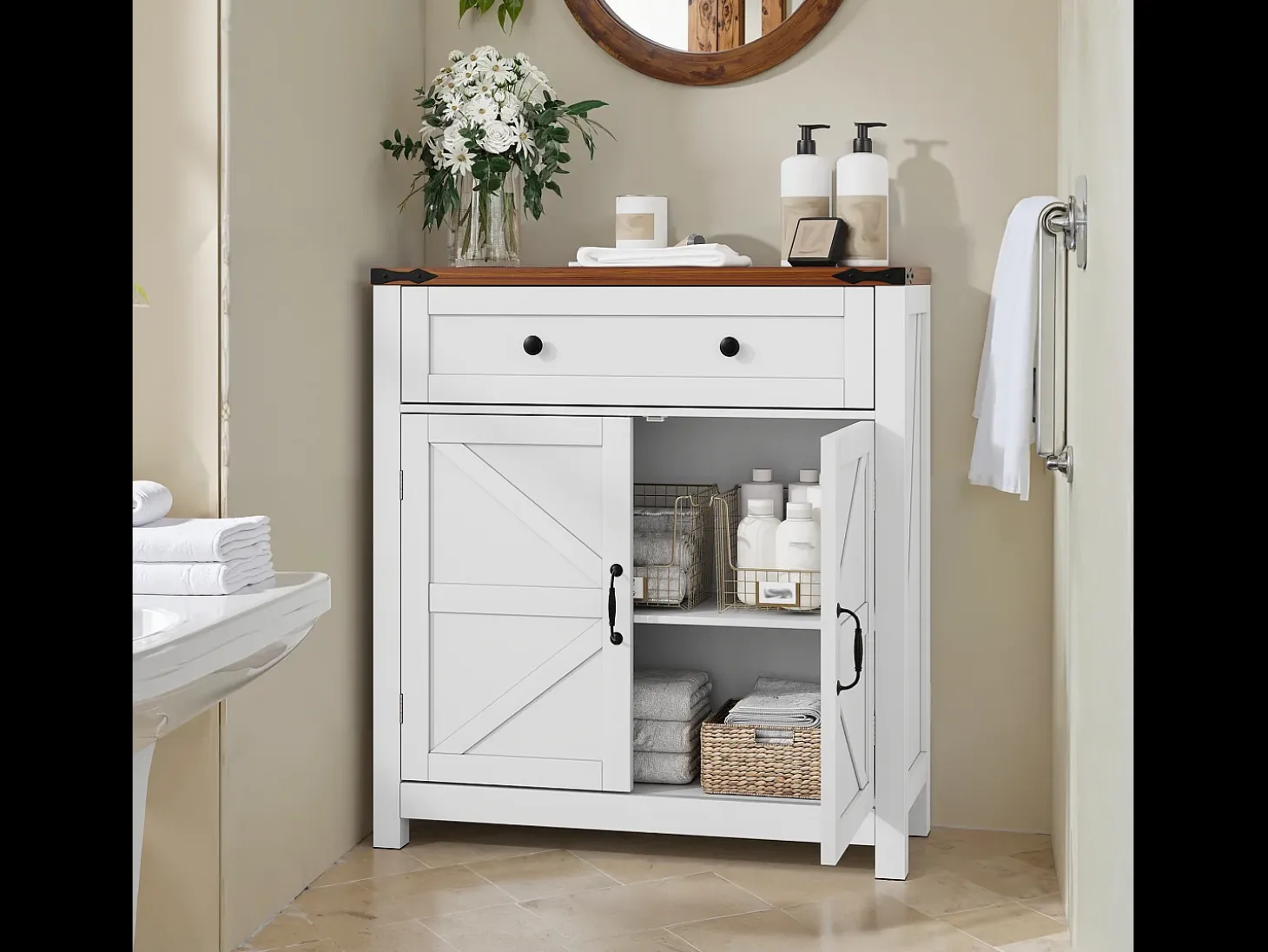 Aparador con cajones y puertas, estante ajustable, ideal para salón. Medidas: 40x80x80 cm, color blanco.