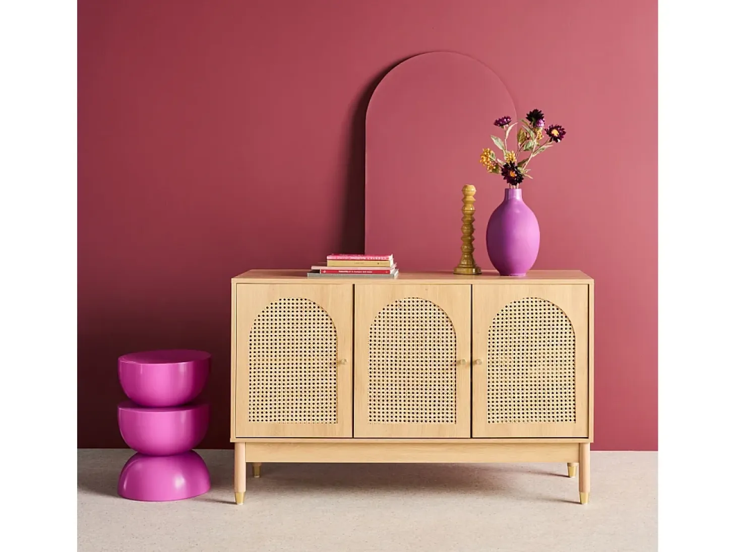 Aparador con decoración madera y mimbre 3 puertas, 120cm natural