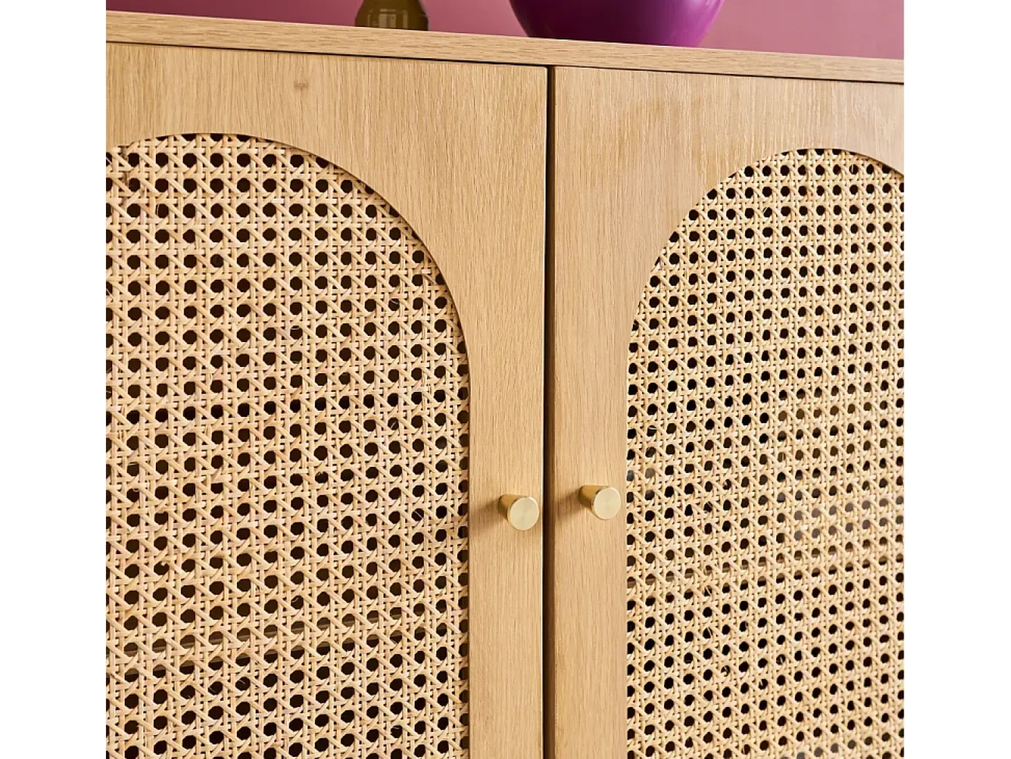 Aparador con decoración madera y mimbre 3 puertas, 120cm natural