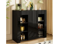 Aparador con frente brillante - 95 x 35 x 83,5 cm - con estantes de cristal + puerta - aglomerado - negro