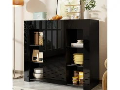 Aparador con frente brillante - 95 x 35 x 83,5 cm - con estantes de cristal + puerta - aglomerado - negro