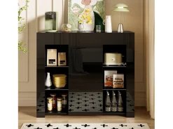 Aparador con frente brillante - 95 x 35 x 83,5 cm - con estantes de cristal + puerta - aglomerado - negro