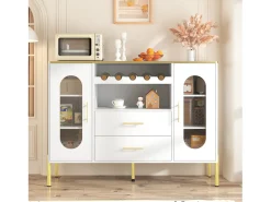 Aparador con frentes de cristal y botellero - 120 x 38 x 90 cm - con 2 cajones - Patas regulables - MDF - blanco