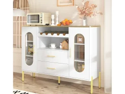 Aparador con frentes de cristal y botellero - 120 x 38 x 90 cm - con 2 cajones - Patas regulables - MDF - blanco