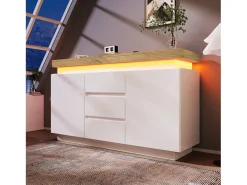 Aparador con iluminación LED, 3 cajones y 2 puertas - Acabado brillo - Blanco y natural