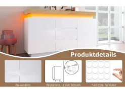 Aparador con iluminación LED, 3 cajones y 2 puertas - Acabado brillo - Blanco y natural