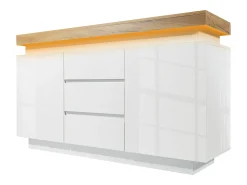 Aparador con iluminación LED, 3 cajones y 2 puertas - Acabado brillo - Blanco y natural