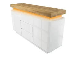 Aparador con iluminación LED, 3 cajones y 2 puertas - Acabado brillo - Blanco y natural