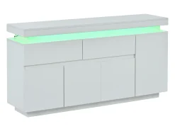 Aparador con iluminación LED, 4 puertas y 2 cajones - Acabado blanco brillo 140x35x72,5 cm