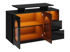 Aparador con iluminación LED, 2 puertas ovaladas de cristal y 2 cajones - Acabado brillante - Negro