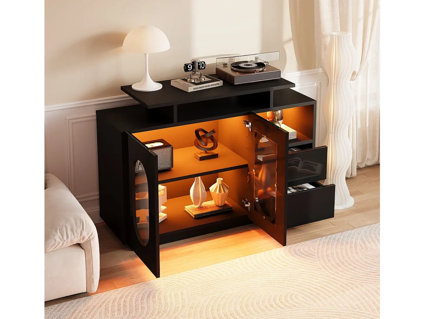 Aparador con iluminación LED, 2 puertas ovaladas de cristal y 2 cajones - Acabado brillante - Negro