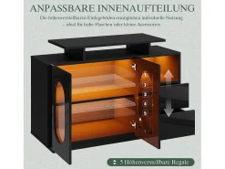 Aparador con iluminación LED, 2 puertas ovaladas de cristal y 2 cajones - Acabado brillante - Negro