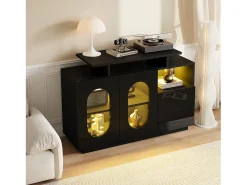 Aparador con iluminación LED, 2 puertas ovaladas de cristal y 2 cajones - Acabado brillante - Negro